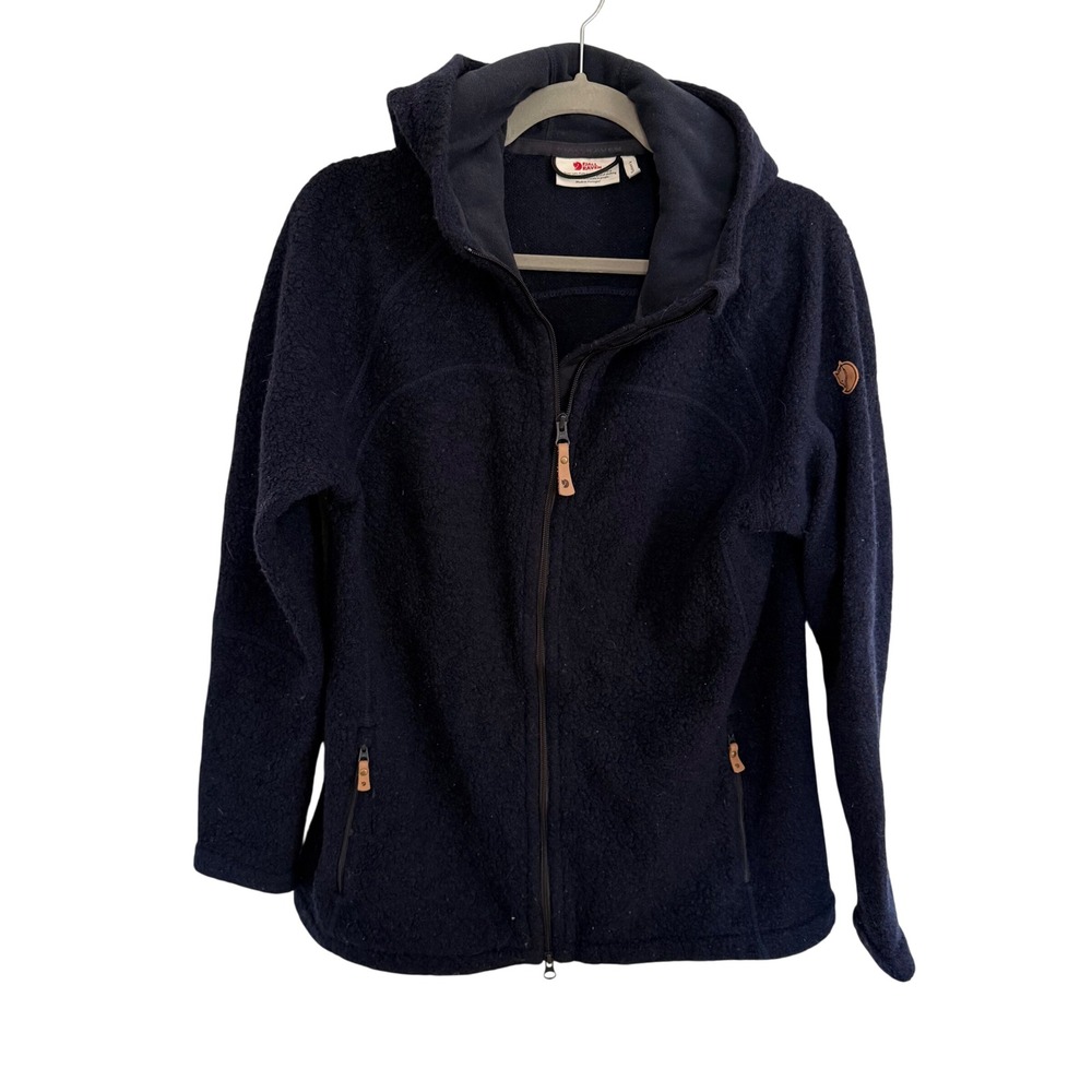 Fjallraven Kaitum Fleece Jacket Large Navy Blue Wool Blend Hooded Hiking Granola